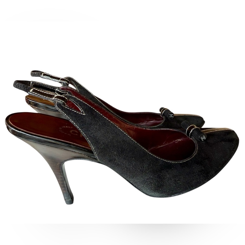 Vintage Chanel black suede sling back with patent leather detail 37.5 w/ dustbag - Picture 3 of 9